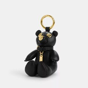 NWT Coach Bear Bag Charm Black Leather Purse Keychain FOB Canvas Signature